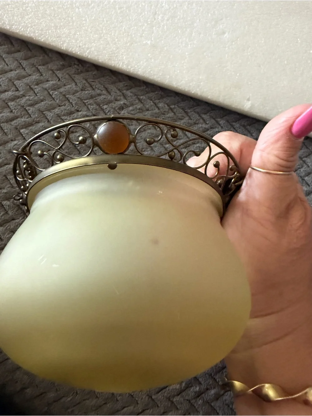 PartyLite Yellow Frosted Glass Hanging Lantern with Antique Brass Chain & stones